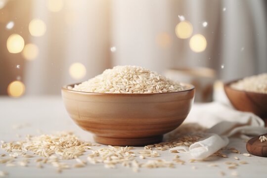 Bowl with uncooked rice on white wooden table, closeup