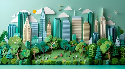Captivating paper art depiction of Central Park in New York City. The scene includes the park’s lush greenery, detailed with layered paper trees and foliage