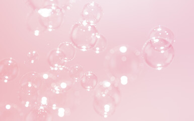 Poster - Beautiful Transparent Soap Bubbles Floating in The Air. Pink Textured Abstract Background. Celebration Festive Backdrop. Freshness Pink Soap Suds Bubbles Water.	