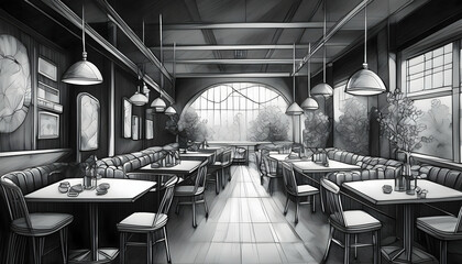 Minimalist sketch perspective interiors of restaurants, Drawing pen with oil pastels on digital art concept.