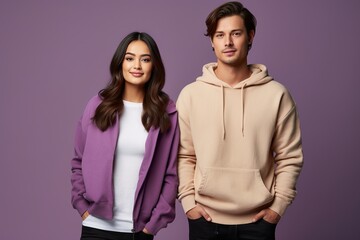 Wall Mural - A man and a woman are standing next to each other, both wearing hoodies