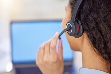 Business agent, call center and laptop screen for customer support, communication and virtual service in office. Back of e commerce consultant or telecom advisor on computer for FAQ, contact and chat