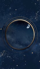 Wall Mural - Dark blue background with white stars and moon surrounded by golden rings