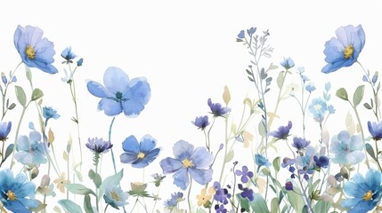 Wall Mural - Watercolor Painting of Blue Flowers in a Meadow