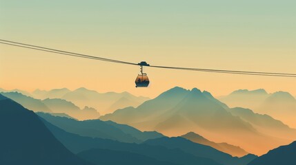 Canvas Print - Mountaintop Gondola Ride Over Misty Peaks at Sunset