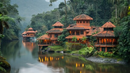 Wall Mural - Tropical Resort Villas Surrounded by Lush Green Rainforest at Dusk