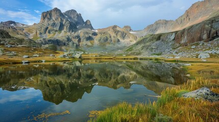 Wall Mural - Tranquil lake reflecting towering mountains