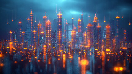 Sticker - Shanghai city with glowing blue lines and holographic buildings on a dark background, depicting a technology theme concept. Vector illustration of a digital metropolis with a softly blurred background