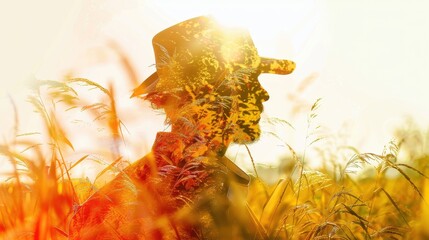 Wall Mural - A man wearing a hat is standing in a field of tall grass