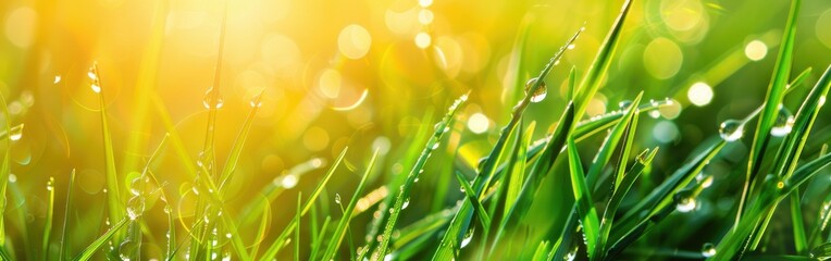 Wall Mural - A field of green grass with raindrops on it