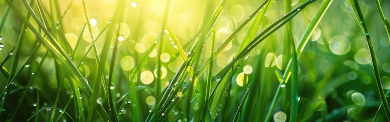 Wall Mural - A field of green grass with raindrops on it