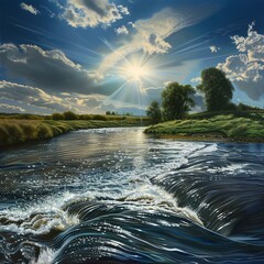 Canvas Print - A painting of a river with a sun shining on it