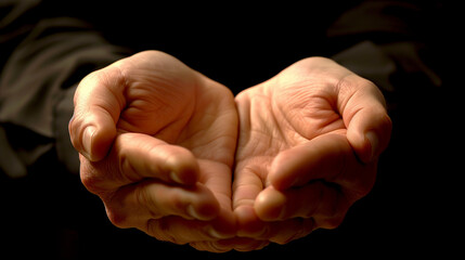 Close-up of Open Hands in a Gesture of Giving or Receiving Against a Dark Background, Symbolizing Generosity, Support, and Compassion