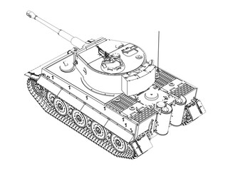 Wall Mural - Tiger 1 military german tank illustration in black and white isolated on white