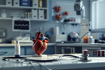 Aufkleber - A clean, professional cardiologists office with an anatomical heart model, stethoscope, and other medical equipment. Generative AI