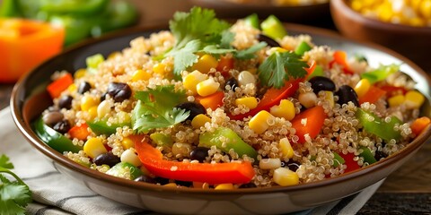 Wall Mural - Colorful quinoa salad with tricolor quinoa, bell peppers, corn, black beans, and cilantro. Concept Quinoa Salad, Healthy Eating, Colorful Dish, Vegetarian Recipe, Superfood