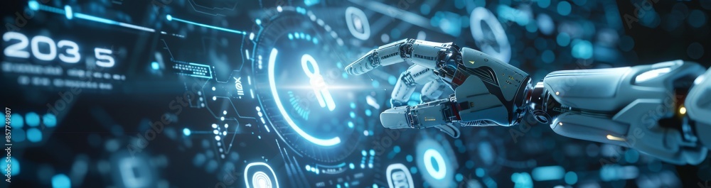 Futuristic robotic hand interacting with digital interface in cyberpunk ...