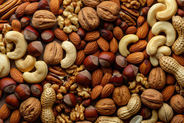 Top view of a diverse nut assortment forming a background