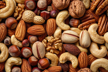 Wall Mural - Top view of a diverse nut assortment forming a background