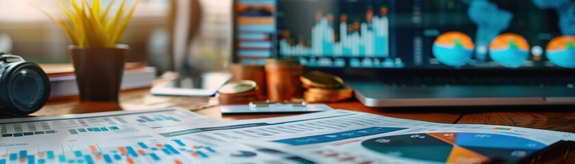 Modern workspace with financial charts, coins, a camera, and a laptop displaying data, all arranged on a wooden desk.