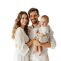 happy european family with one baby standing together and smiling on transparency background PNG
