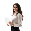 © Sim - Smiling young businesswoman standing while holding laptop looking away on transparency background PNG