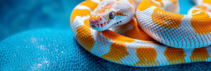a large orange and white snake laying on top of a blue and white surface with it's tail curled up.