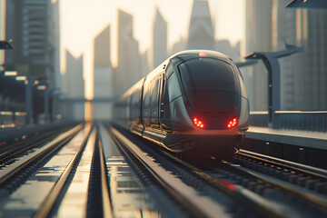 Poster - Photorealistic scene of modern train with shallow depth of field, a city in the background with no people,