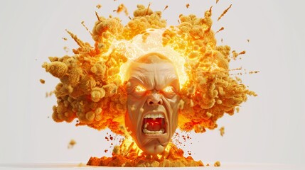 Nuclear mushroom fiery explosion formed from the disintegrated face of angry man