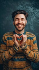 Wall Mural - Smiling man in sweater makes heart shape with his hands