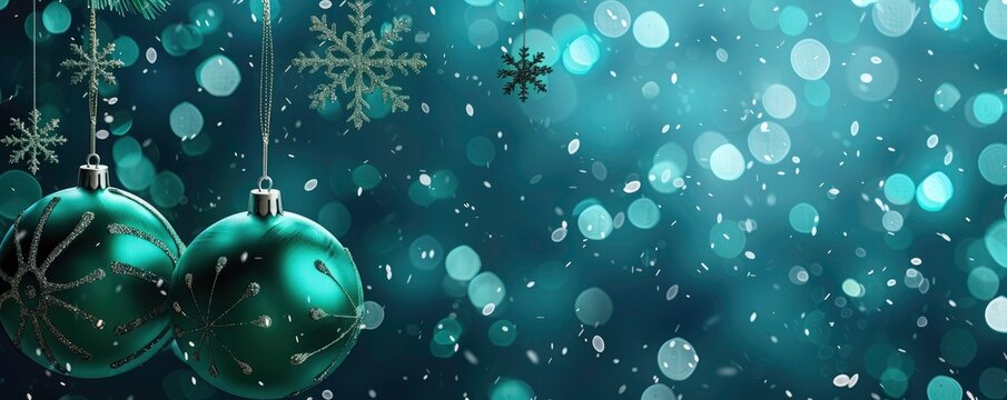 Beautiful green Christmas balls banner with copy space. Christmas banner on dark teal background with hanging snowflakes. Minimalist Christmas banner, Christmas card, Christmas background.