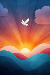 Minimalist illustration of a white dove flying over a vibrant sunrise, with colorful rolling hills and clouds. Symbolizes peace, freedom, and hope.