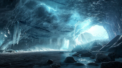 Wall Mural - Sunlight illuminating a frozen ice cave with icicles