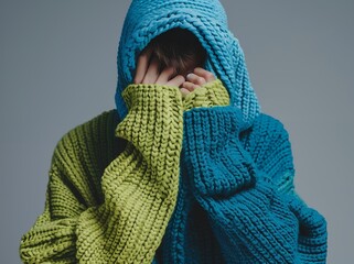 Wall Mural - fashion photography, male model wearing a thick sweater in the colors of lime green and blue, hiding his face with the fabric, isolated on a grey background, studio lighting 