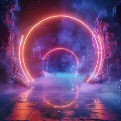 Wall Mural - abstract neon background, mystical cosmic landscape, pink blue glowing ring over terrain, round fram