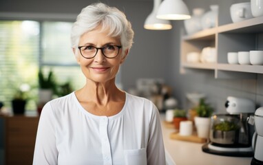 Wall Mural - A woman with glasses and a white shirt is smiling in front of a kitchen counter. The kitchen is well-equipped with a variety of items, including a blender, a cup, a vase, and a potted plant