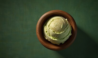 Wall Mural - One rounded scoop pista ice cream wooden bowl, top view on green background, photorealistic no cone