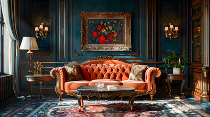 Wall Mural - Modern interior design of a living room indoors apartment, home, office, dark orange sofa, 