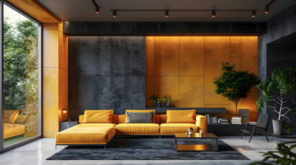 Canvas Print - Modern house interior. Loft style. Black concrete wall and yellow.  