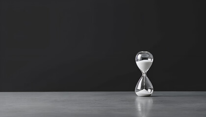 Canvas Print - Time is running out. Hourglass vanishing on grey table against black background