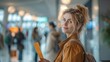 © WMSTUDIO - A businesswoman in a chic outfit waits confidently in line at a boarding gate, passport and boarding pass in hand, ready to board her flight.