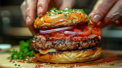 Wall Mural - A close-up shot of a juicy burger being assembled by a chef, featuring fresh toppings like tomato, onion, and cheese, all nestled in a perfectly golden-brown bun