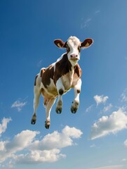 Wall Mural - Flying cow against a background of blue sky and clouds. Animal in the air