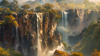 Poster - A painting featuring a waterfall cascading through trees in a natural setting, Cascading waterfalls cutting through rugged cliffs