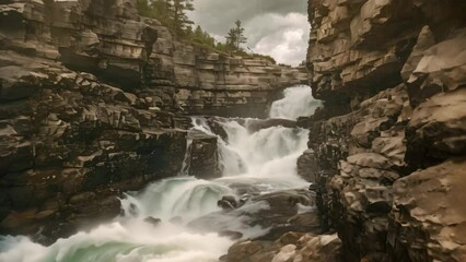 Canvas Print - A waterfall cascading down rugged cliffs with water flowing out of it, Cascading waterfalls cutting through rugged cliffs