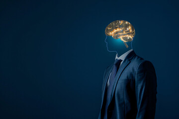 Wall Mural - A businessman with an glowing brain above his head on dark blue background, artificial intelligence concept


