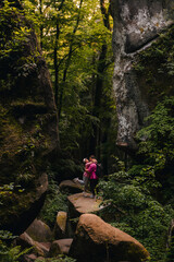 Wall Mural - couple tourists hiking at canyon in the forest