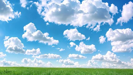 Poster - A grassy field under a clear blue sky with fluffy white clouds, Clear blue skies and fluffy white clouds above a lush green field