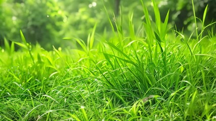 Poster - A field of green grass with clusters of trees in the background, Clusters of grass blades forming a lush meadow