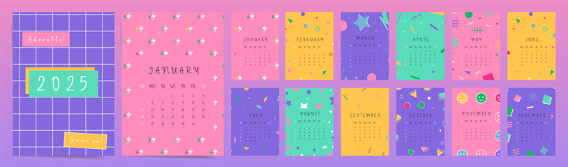 Wall Mural - Playful 2025 Calendar with Bright Colors. Fun and Cheerful Monthly Kids 2025 Calendar Planner.